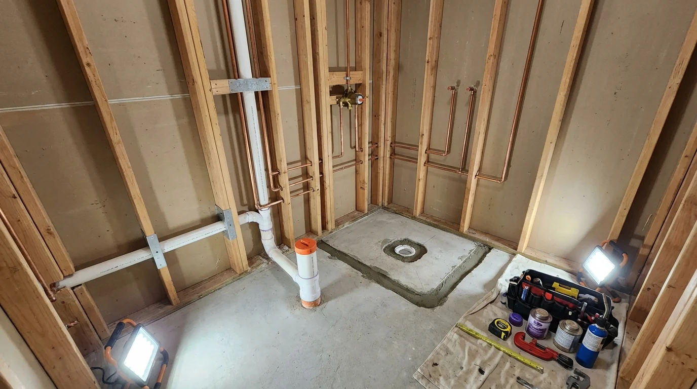 Bathroom rough-in plumbing during remodel by Johns Plumbing LLC in Myersville