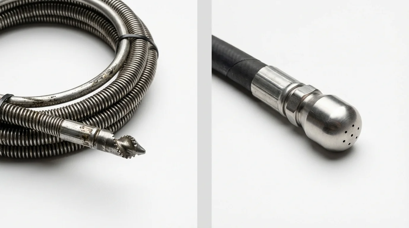 Drain snake cable and hydro jetting nozzle used for drain cleaning in Myersville, MD