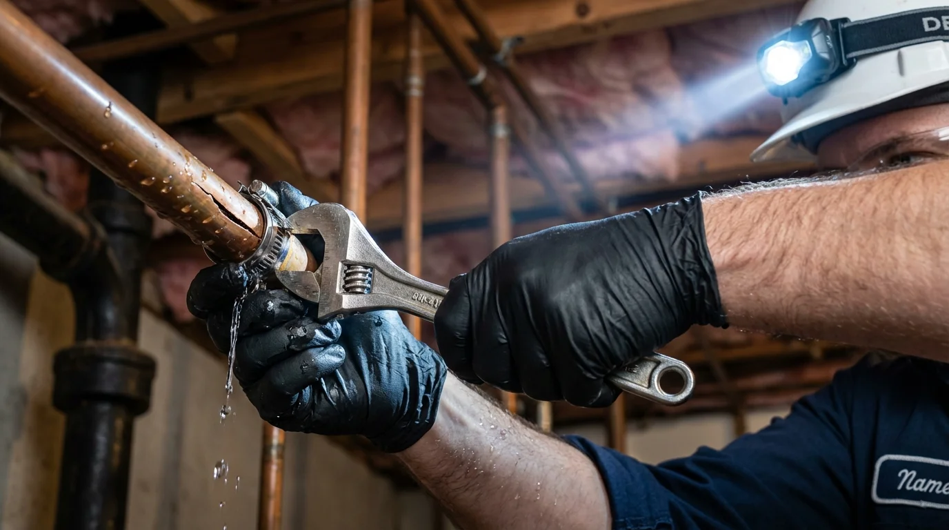 Emergency pipe clamp repair being performed by a Johns Plumbing LLC plumber in Myersville