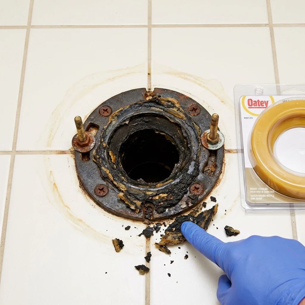 Failed wax ring showing water seepage at the base of a toilet in a Myersville, MD home