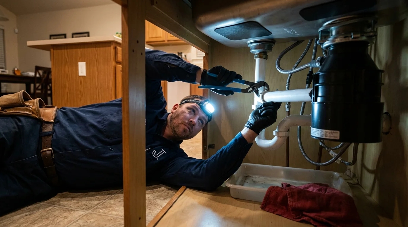 P-trap and supply line connections under a kitchen sink showing a common leak point in Myersville, MD